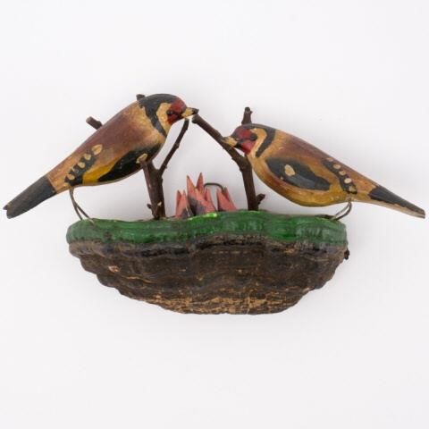 FOLK ART CARVING OF TWO GOLDFINCH,