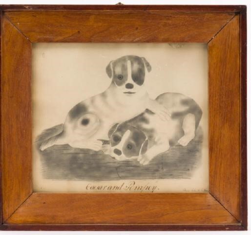 FRAMED SKETCH OF TWO PUPPIES, CORNWALL,