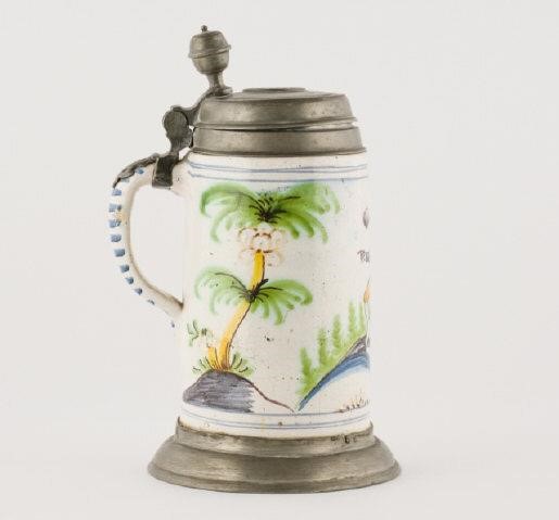 GERMAN FAIENCE BEER STEIN, 18TH CENTURYAn