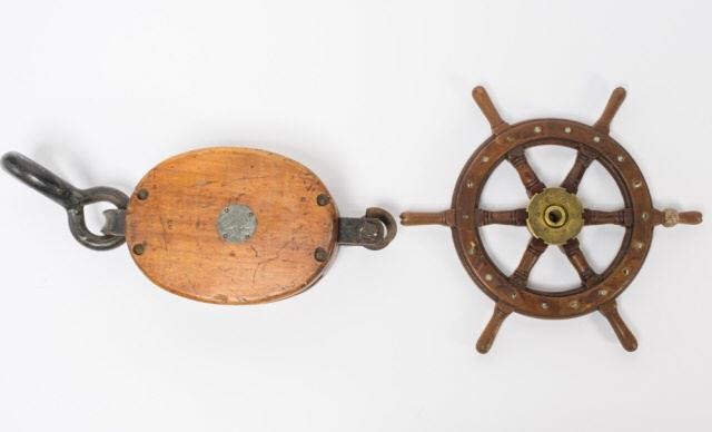 SMALL ANTIQUE SHIP'S WHEEL & PULLEYTwo