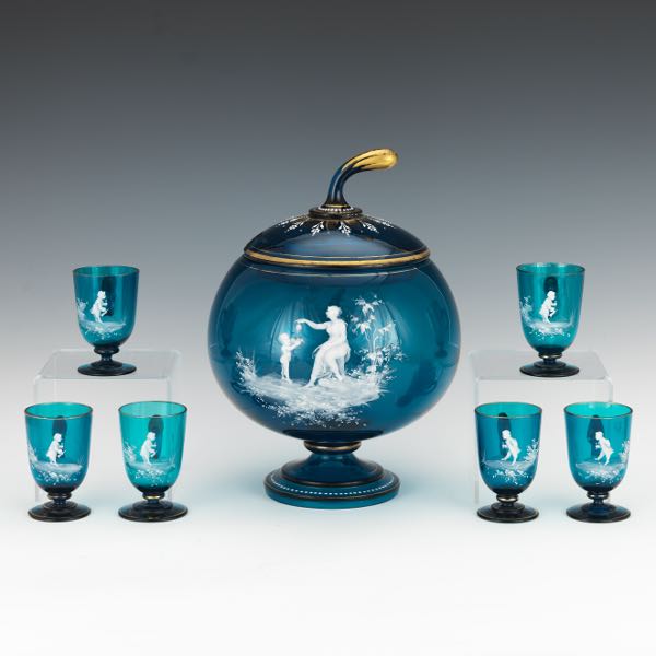 MARY GREGORY GLASS PUNCH BOWL SET