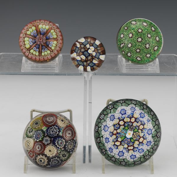 MURANO GLASS MILLEFIORI FIVE PAPER WEIGHTS