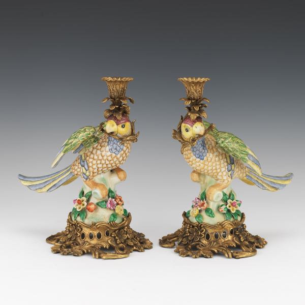 BRASS MOUNTED PORCELAIN BIRD CANDLEHOLDERS 3a73b6