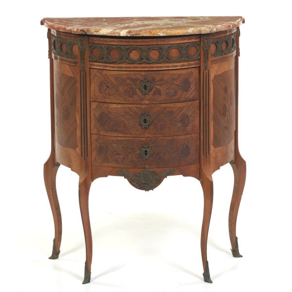 MARBLE TOP DEMILUNE MARQUETRY CABINET