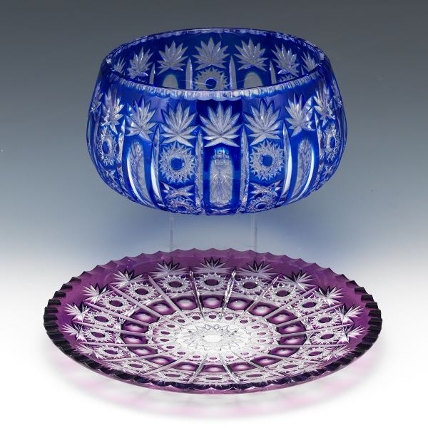 COBALT BLUE CRYSTAL GLASS BOWL AND AUBERGINE