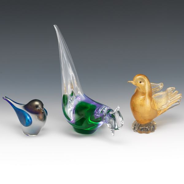 THREE ART GLASS BIRDS SCULPTURES,