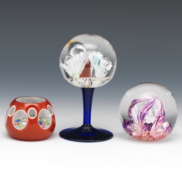 THREE ART GLASS PAPER WEIGHTS, INCLUDING