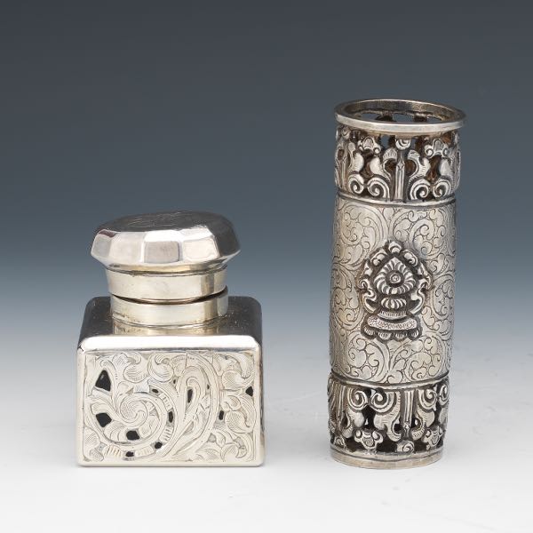 QUILL HOLDER AND INKWELL  Silvered