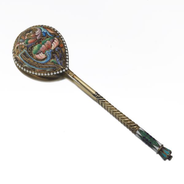 RUSSIAN SILVER AND ENAMEL SPOON  6 ¼