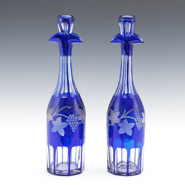 COBALT GLASS PAIR OF WINE DECANTERS