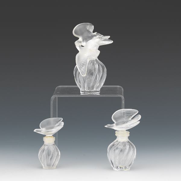 THREE LALIQUE GLASS PERFUME BOTTLES 3a7e5e