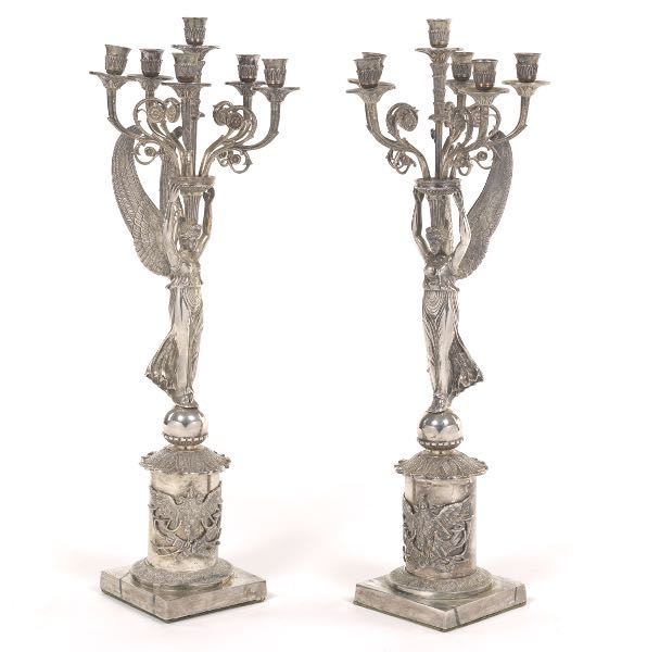PAIR OF SILVER PLATED WINGED CARYATID