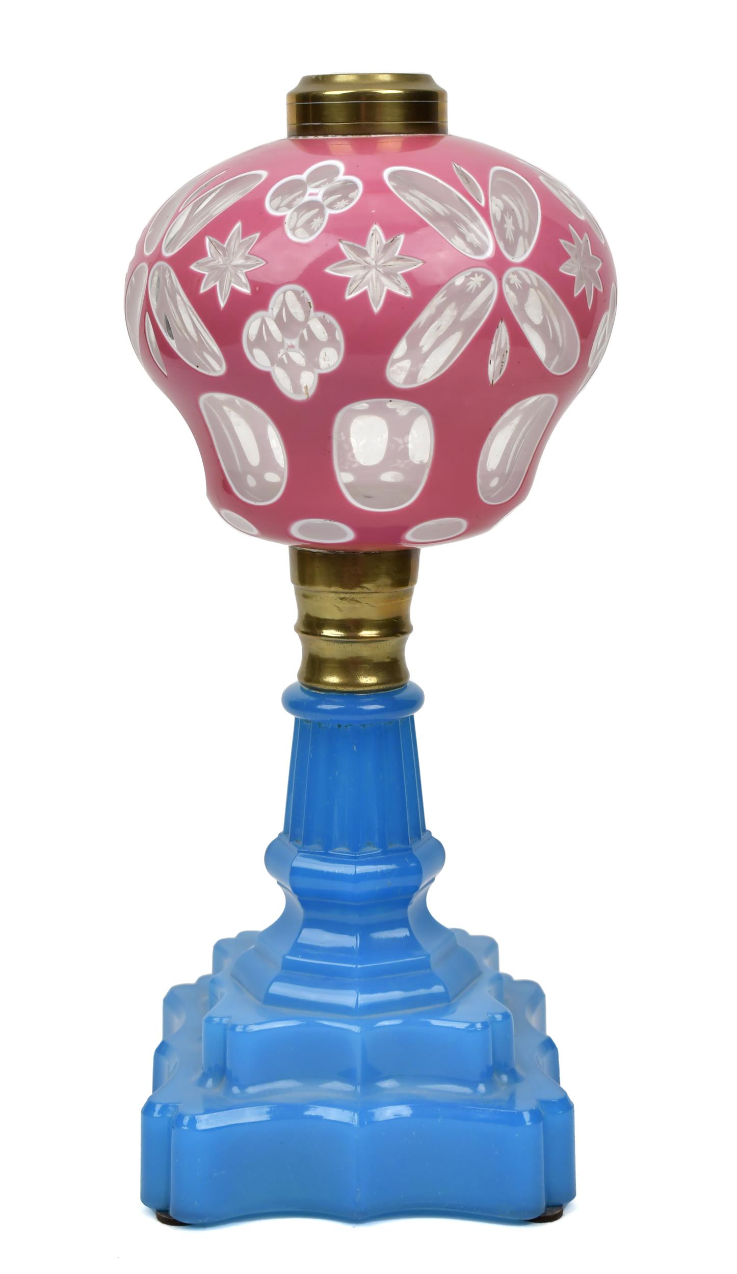 NEW ENGLAND GLASS OIL LAMP, PINK/BLUE.