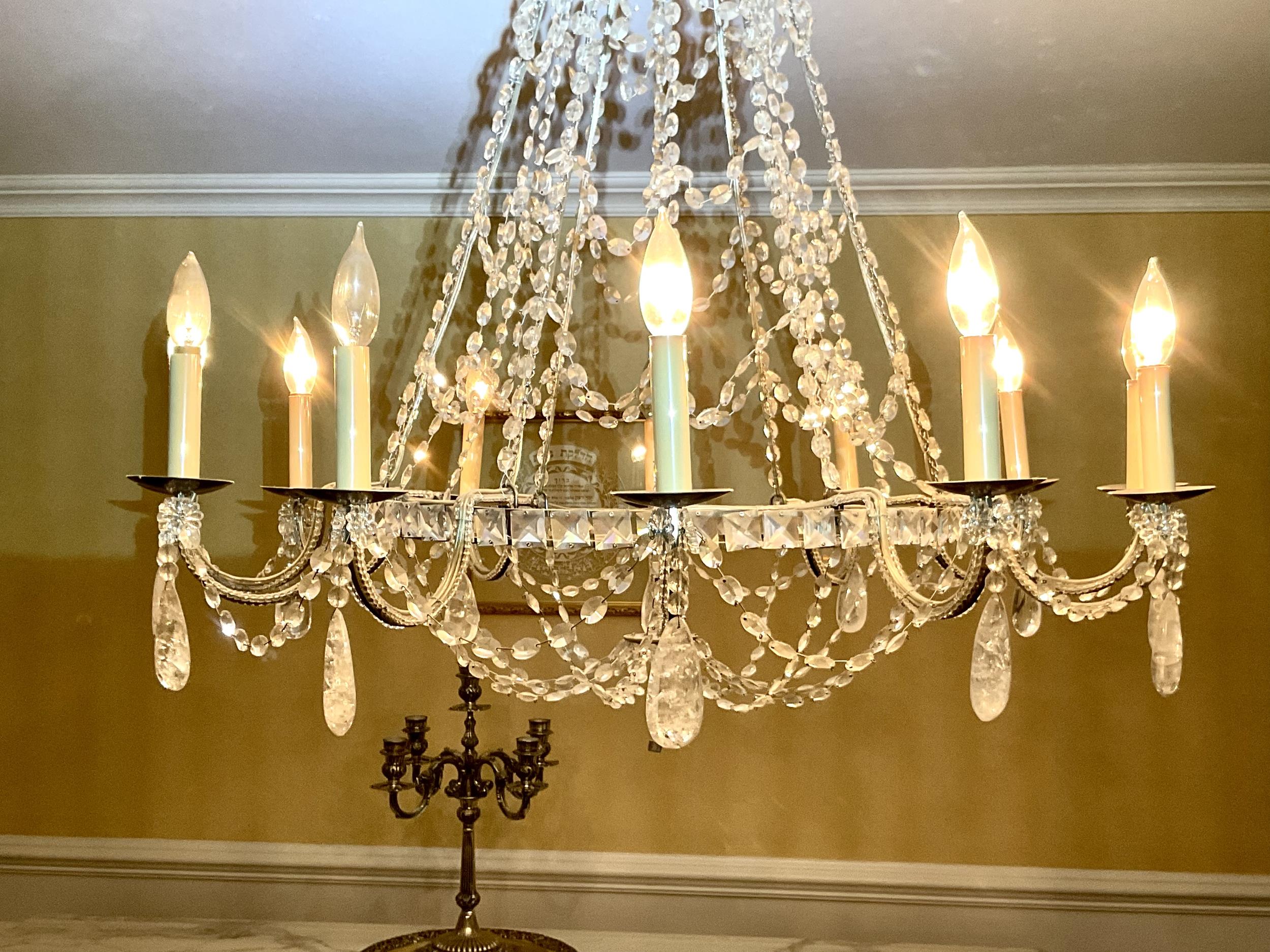 VINTAGE ROCK CRYSTAL AND BRASS CHANDELIER.