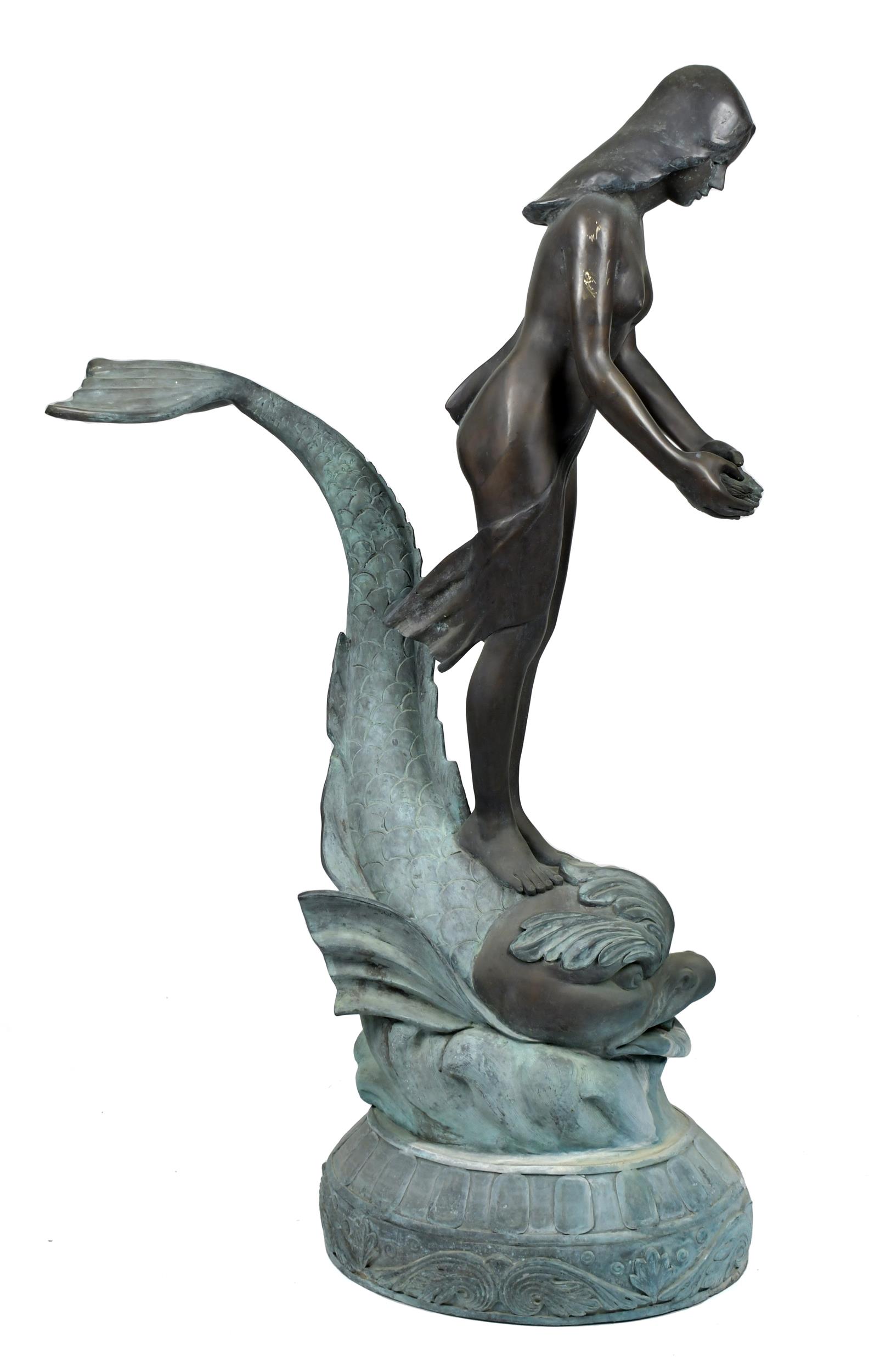 VINTAGE BRONZE FOUNTAIN, GIRL AND DOLPHIN.