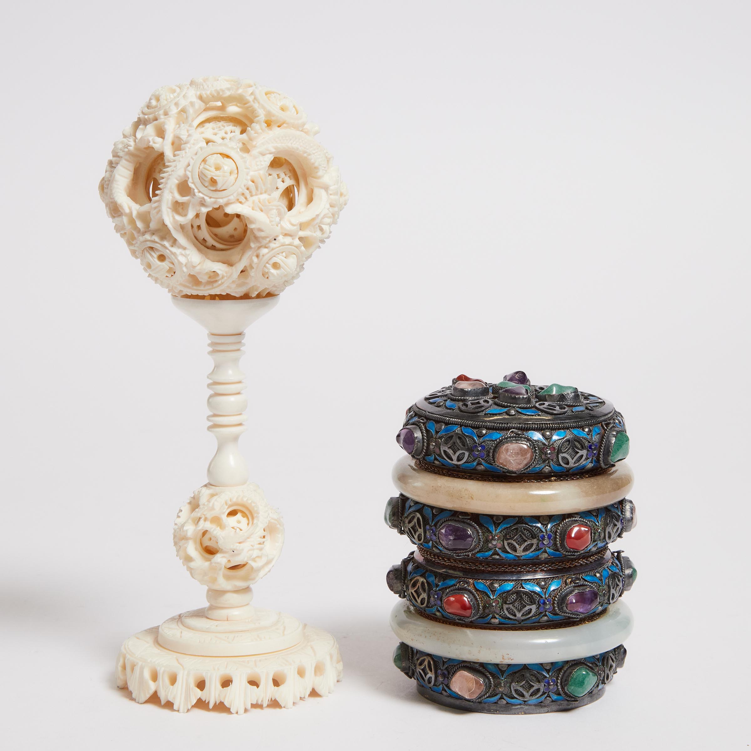 An Ivory Puzzle Ball and Stand, Together