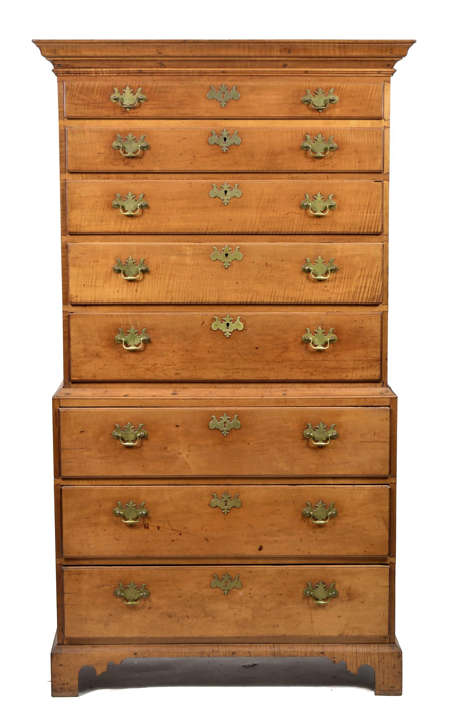 CHIPPENDALE CURLY MAPLE CHEST ON