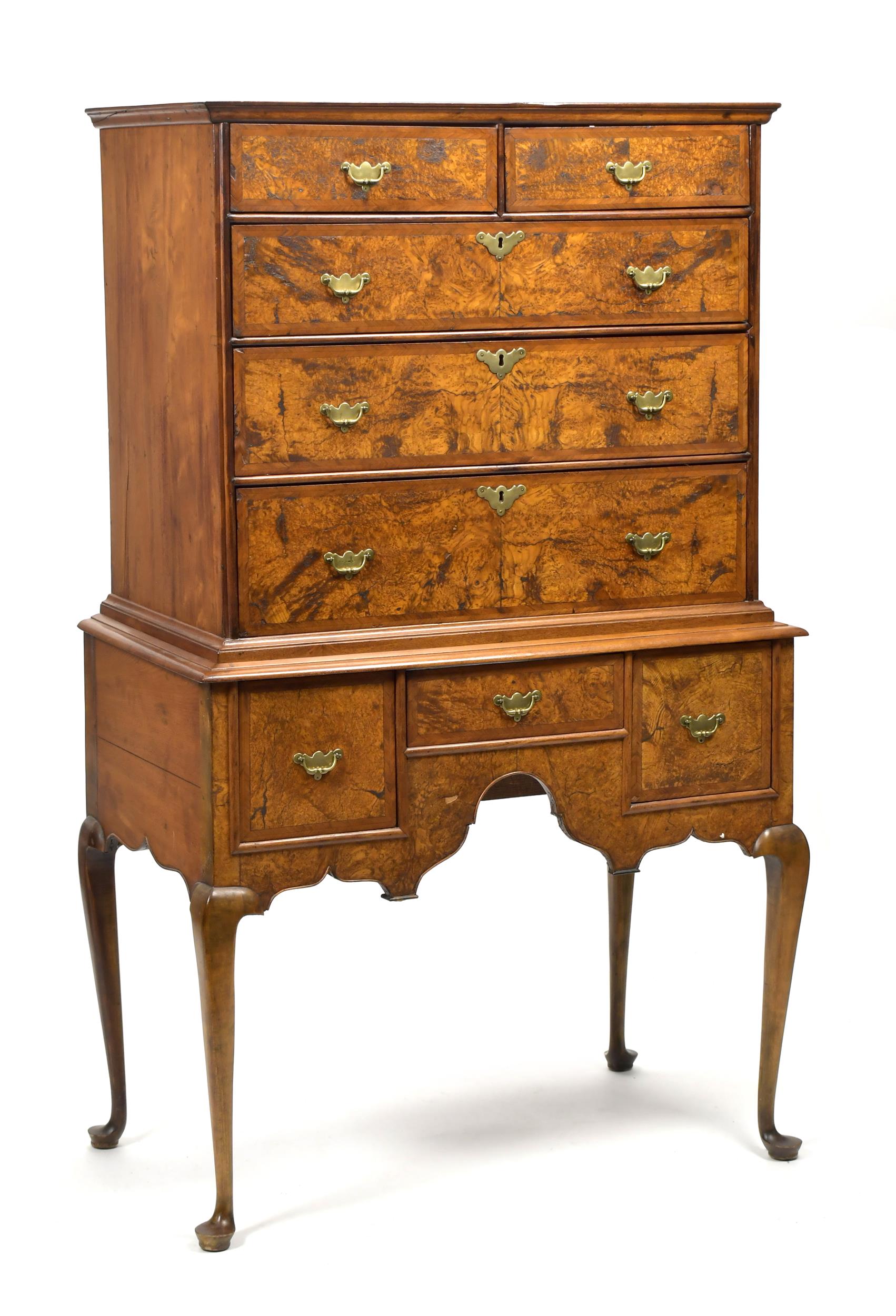 18TH C. BOSTON BURL WALNUT HIGHBOY.