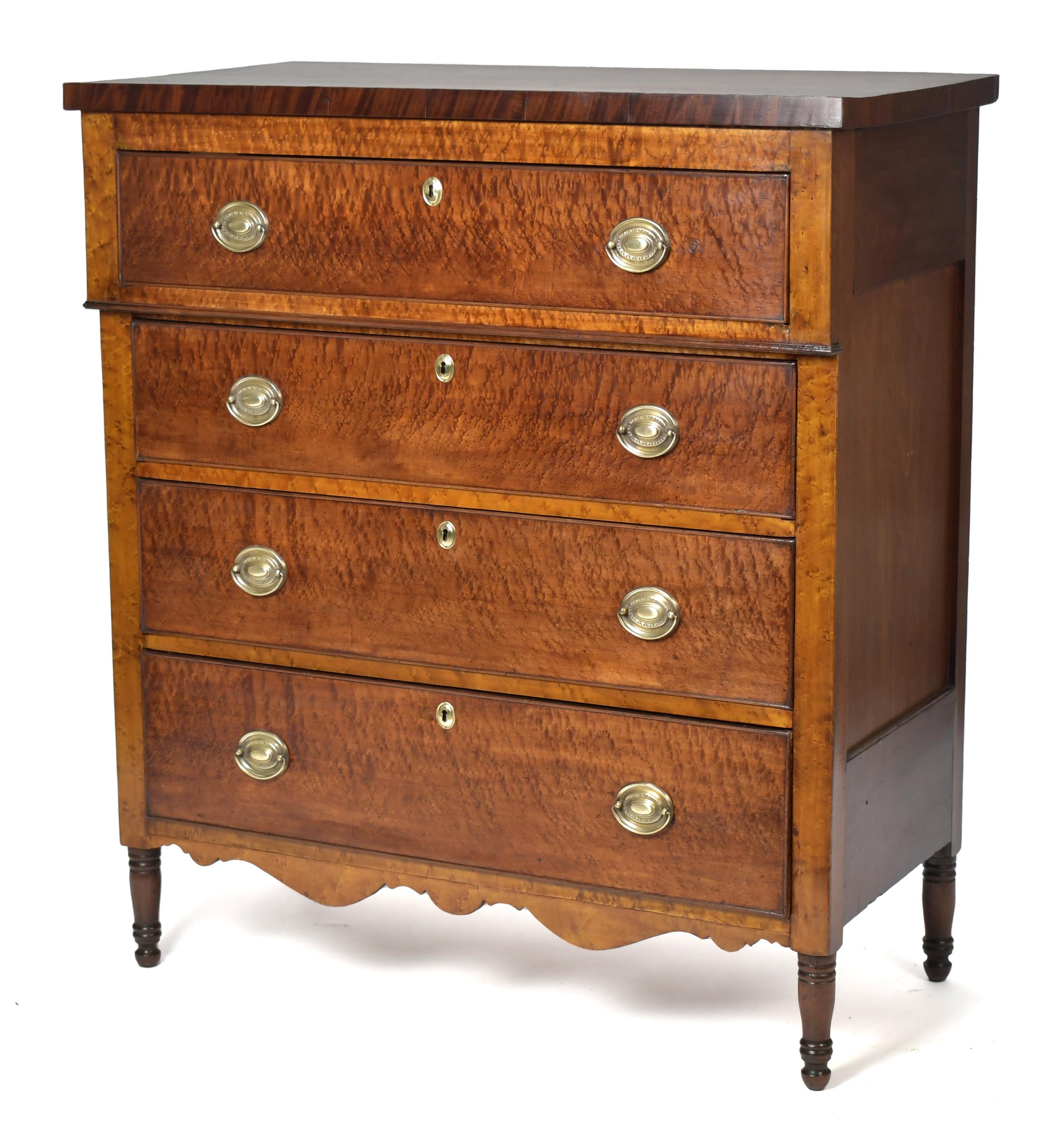 19TH C. BIRDSEYE MAPLE FOUR DRAWER CHEST.