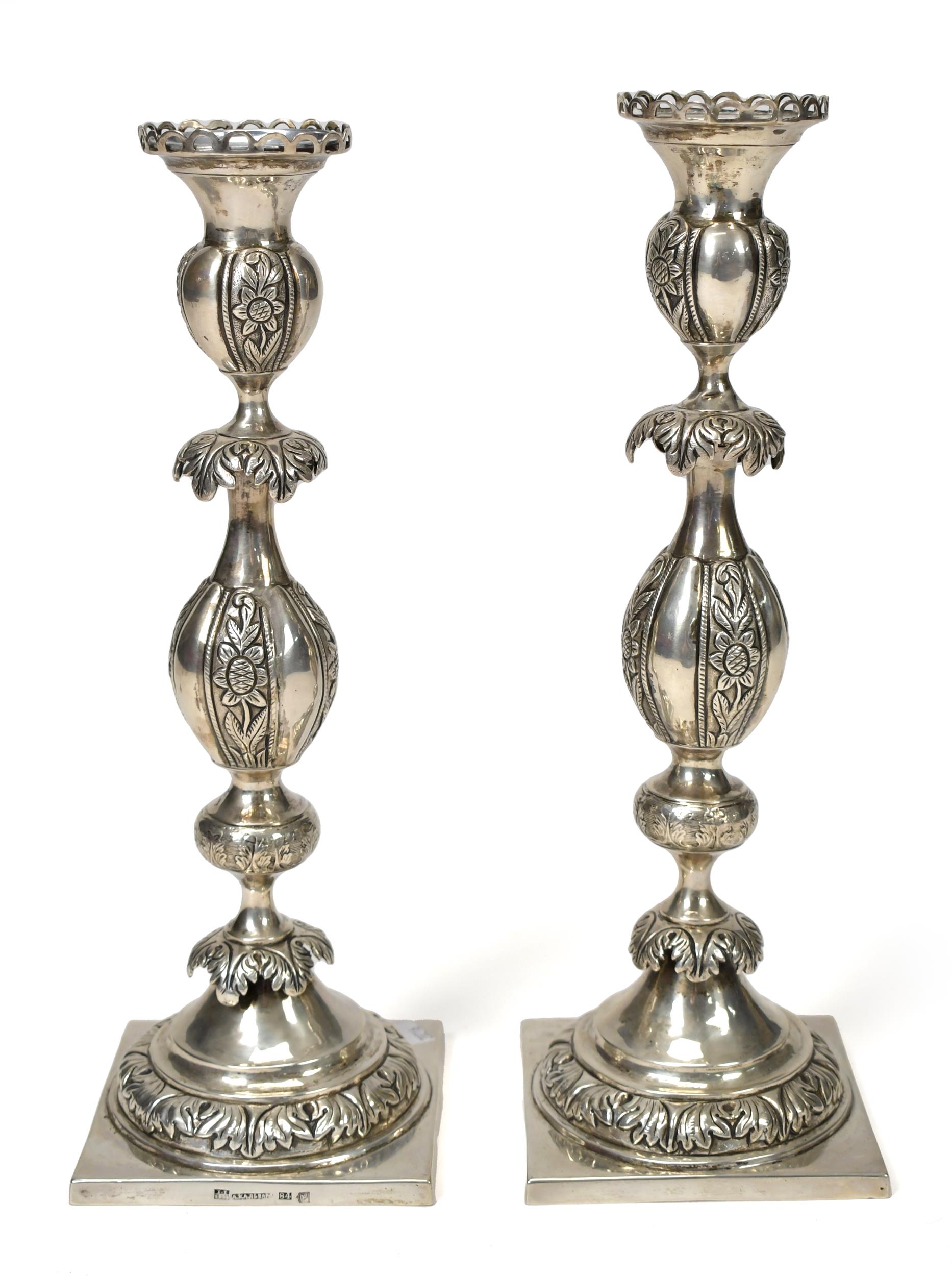 PAIR OF RUSSIAN SILVER CANDLESTICKS.