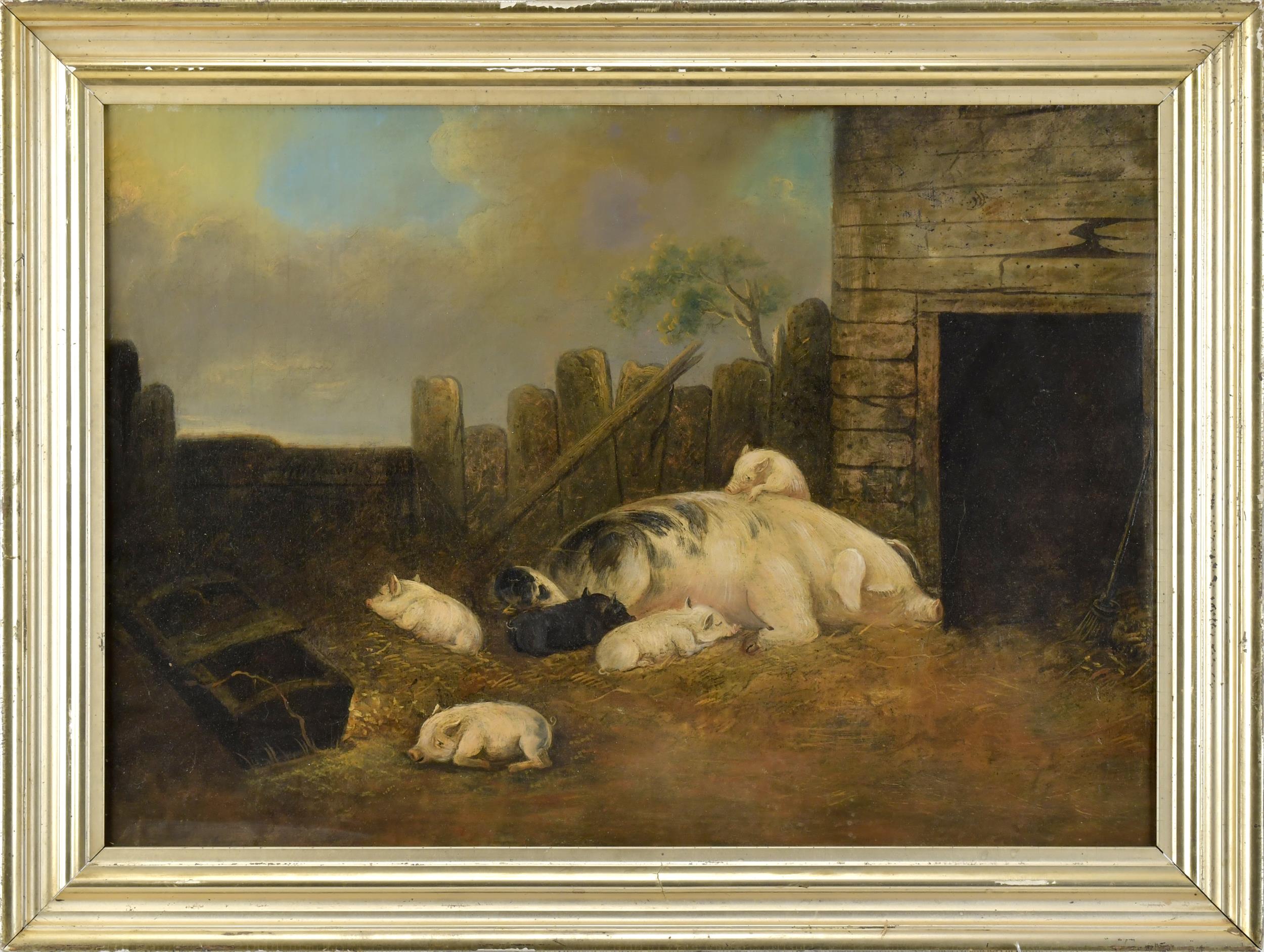 19TH C OIL ON CANVAS PIGS IN 3ab1a3
