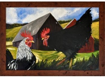 A large oil on masonite two chickens 3ab2a8