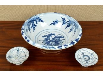 Large blue and white bowl 11.25” dia.,