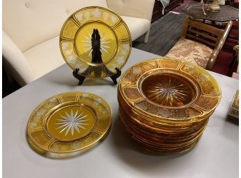 Fifteen antique etched glass plates