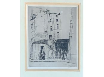 An etching of Paris street scene