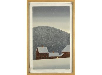 Color woodblock of barns in the snow,