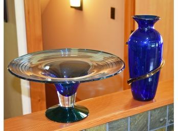 Blue green glass compote signed 3ab674