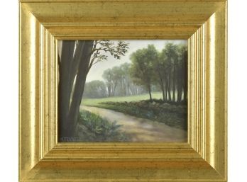 Oil on board of wooded road in 3ab693