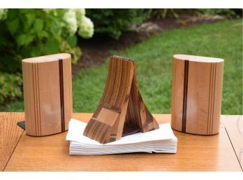 Inlaid wood and leather napkin holder,