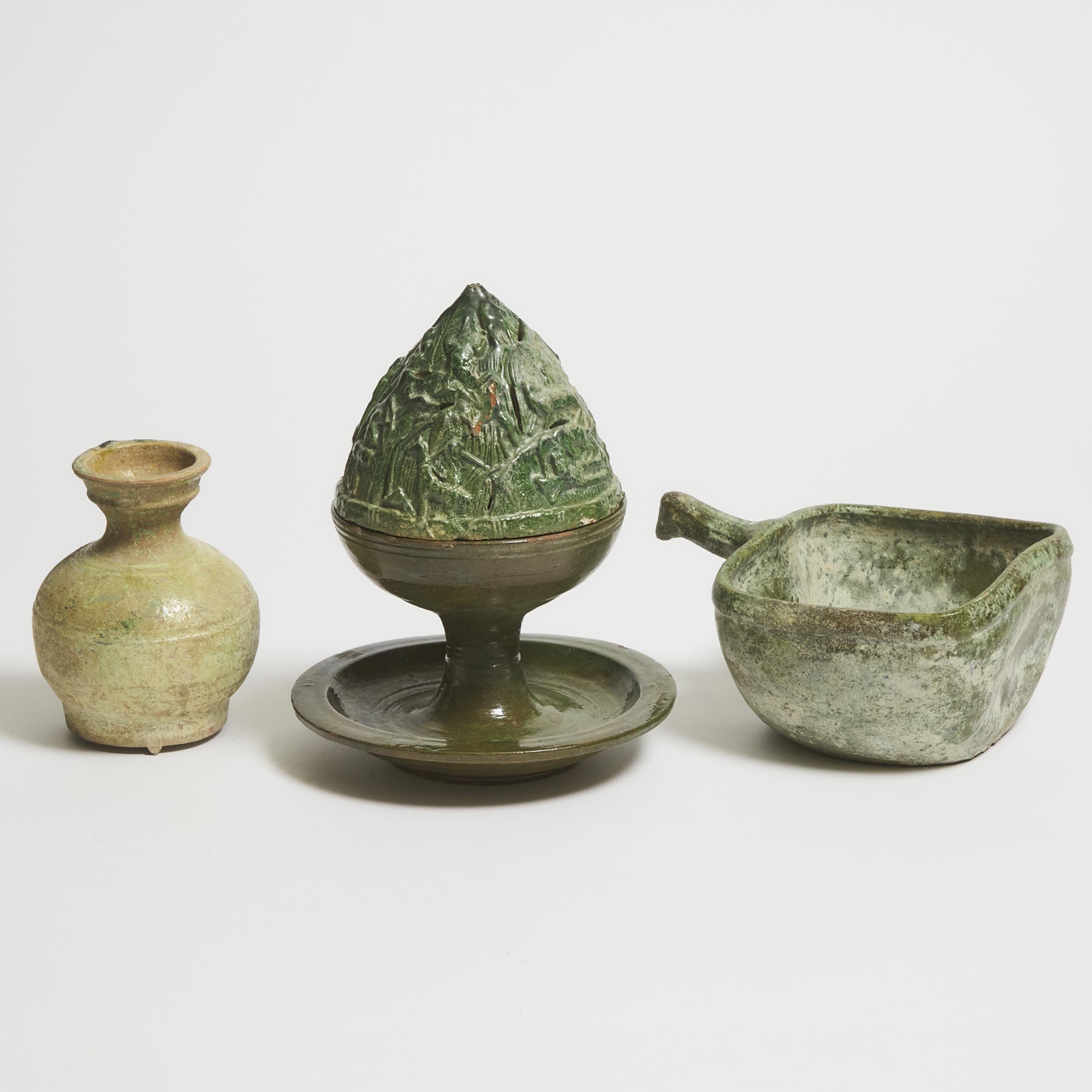 A Group of Three Green-Glazed Pottery