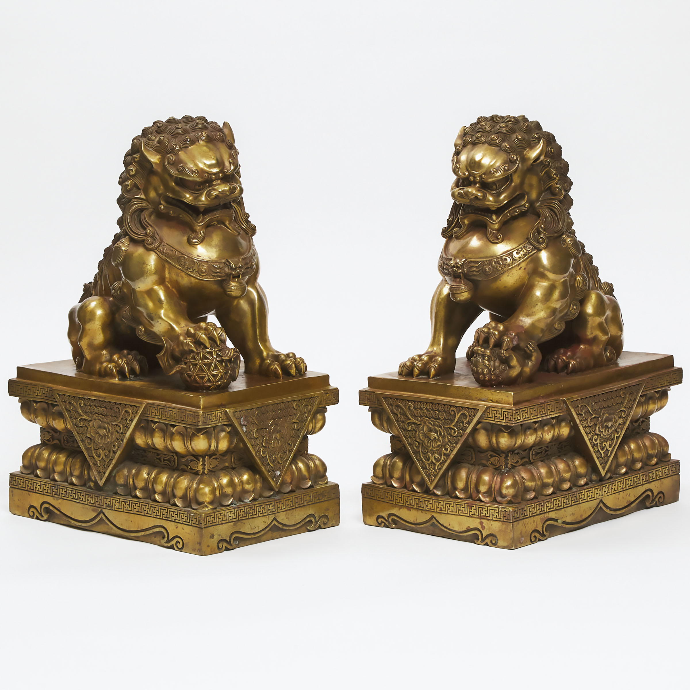 Large Pair of Buddhist Gilt Bronze Foo