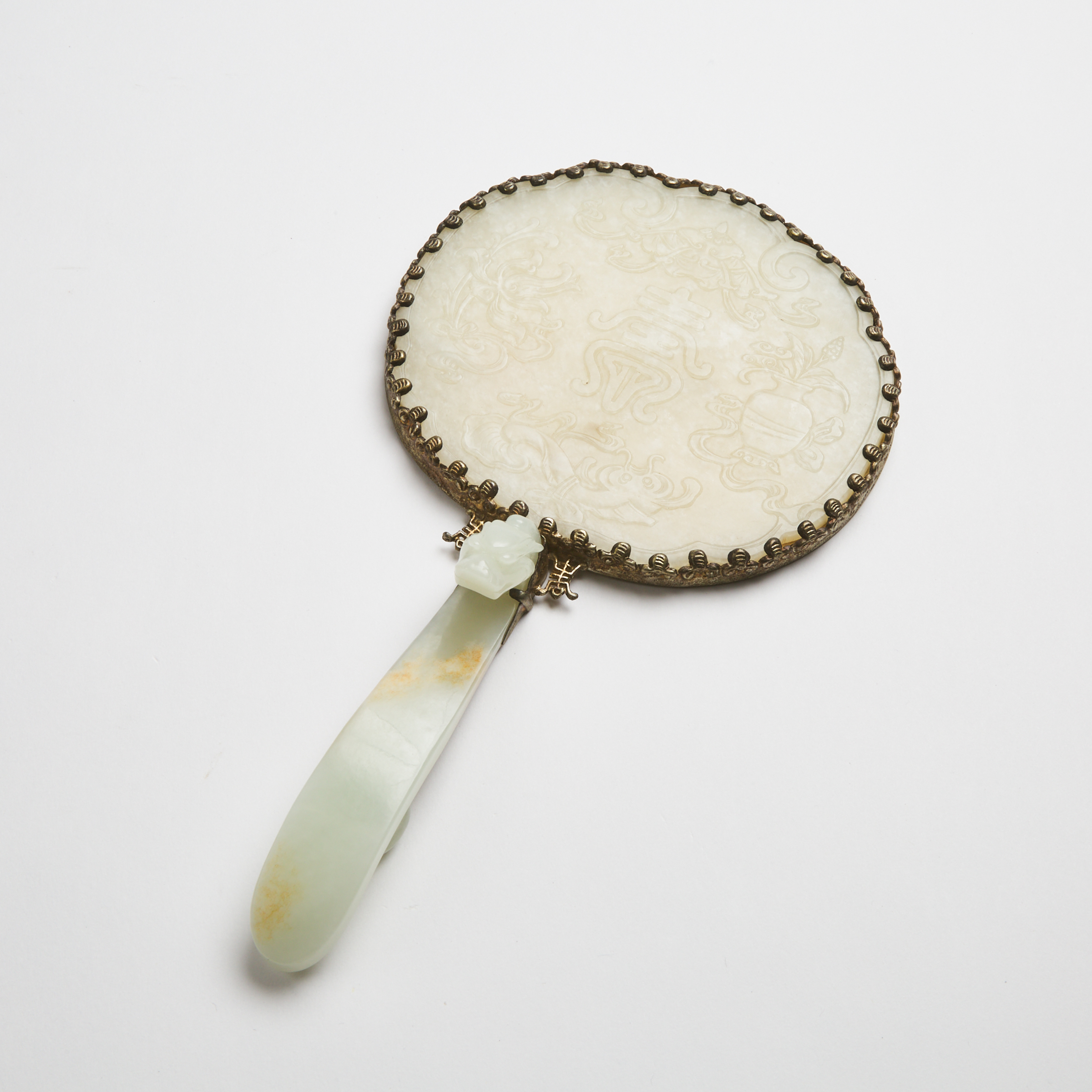 A White Jade Mounted Silver Hand Mirror,