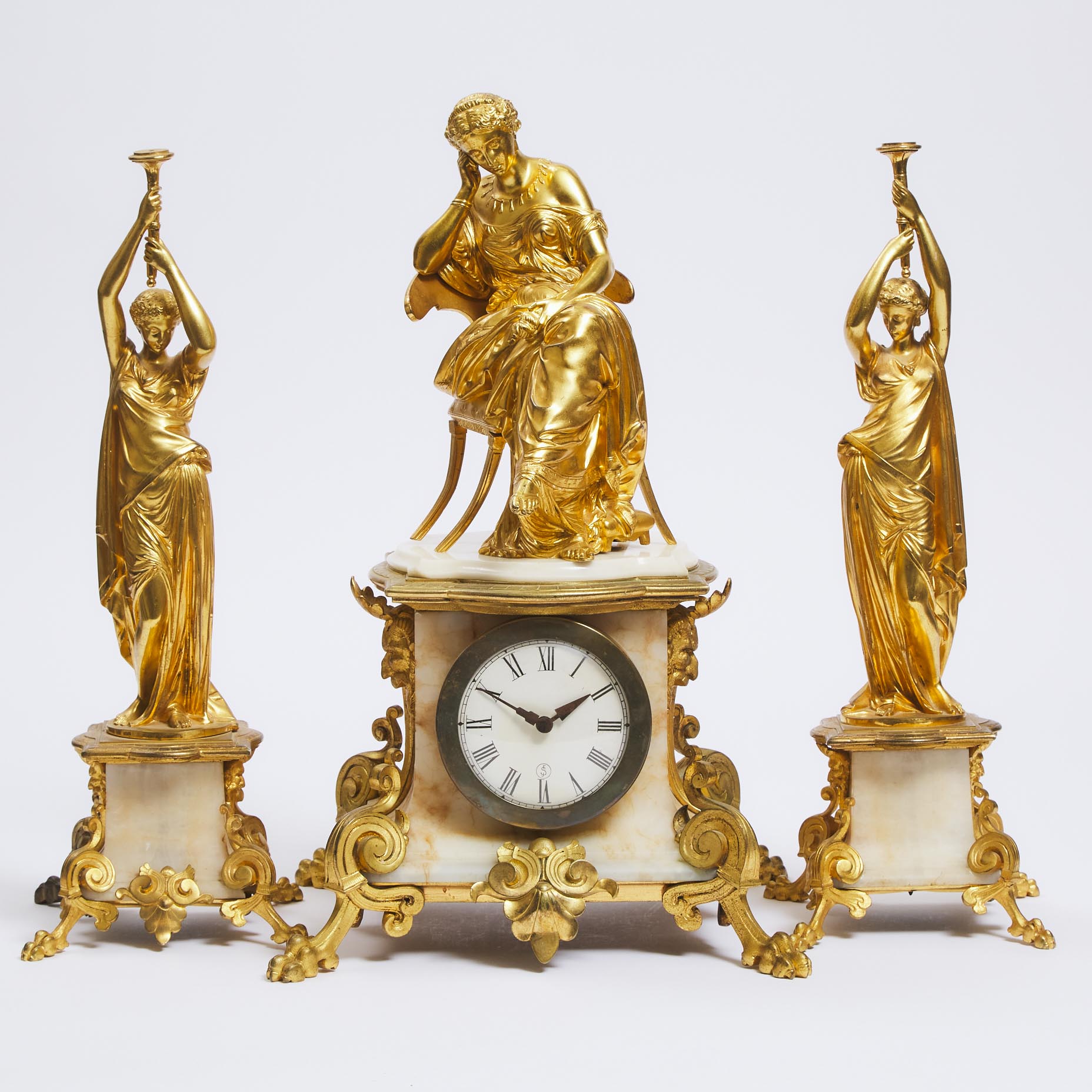 Three Piece French Figural Gilt 3ab9f9