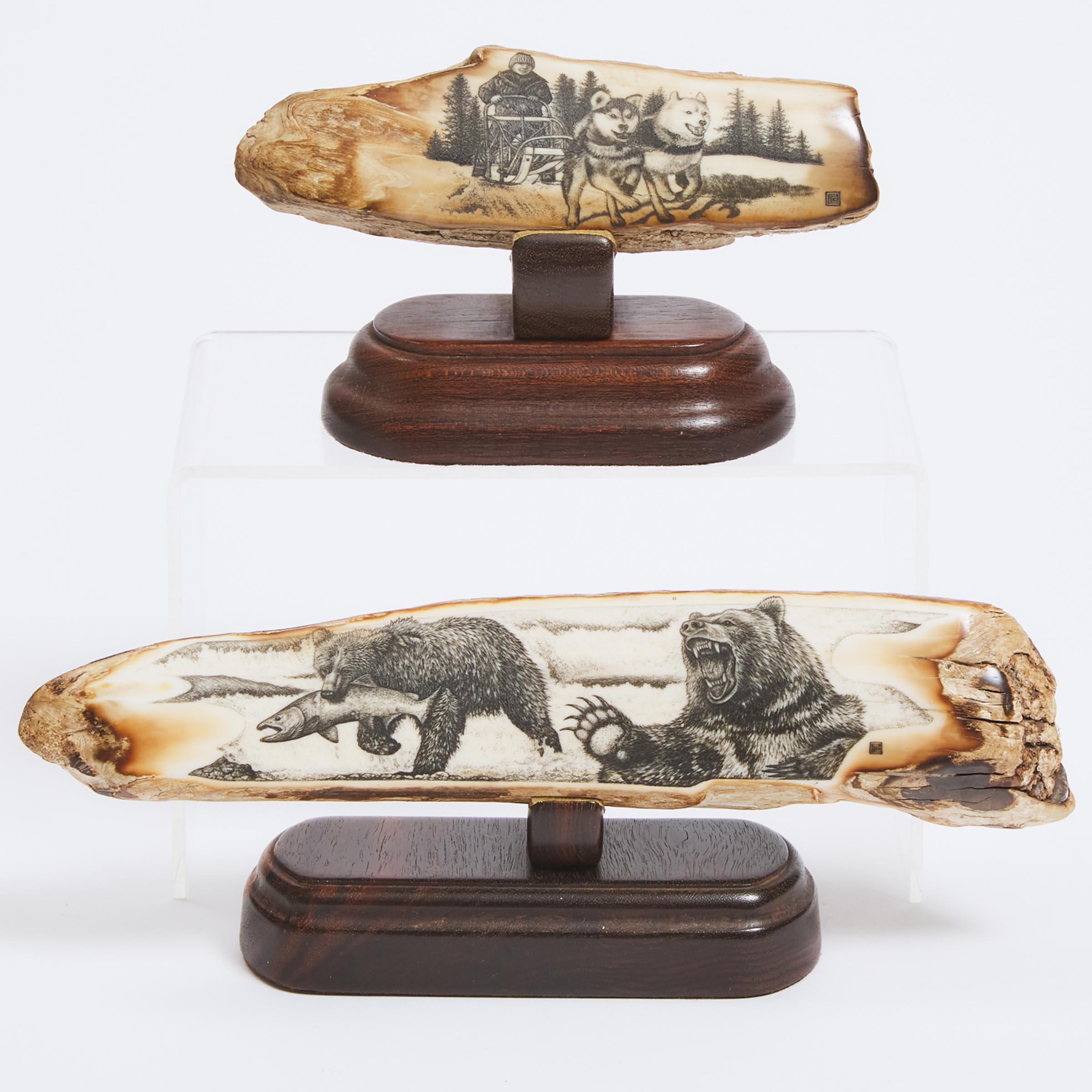 Two Scrimshawed Fossilised ivory