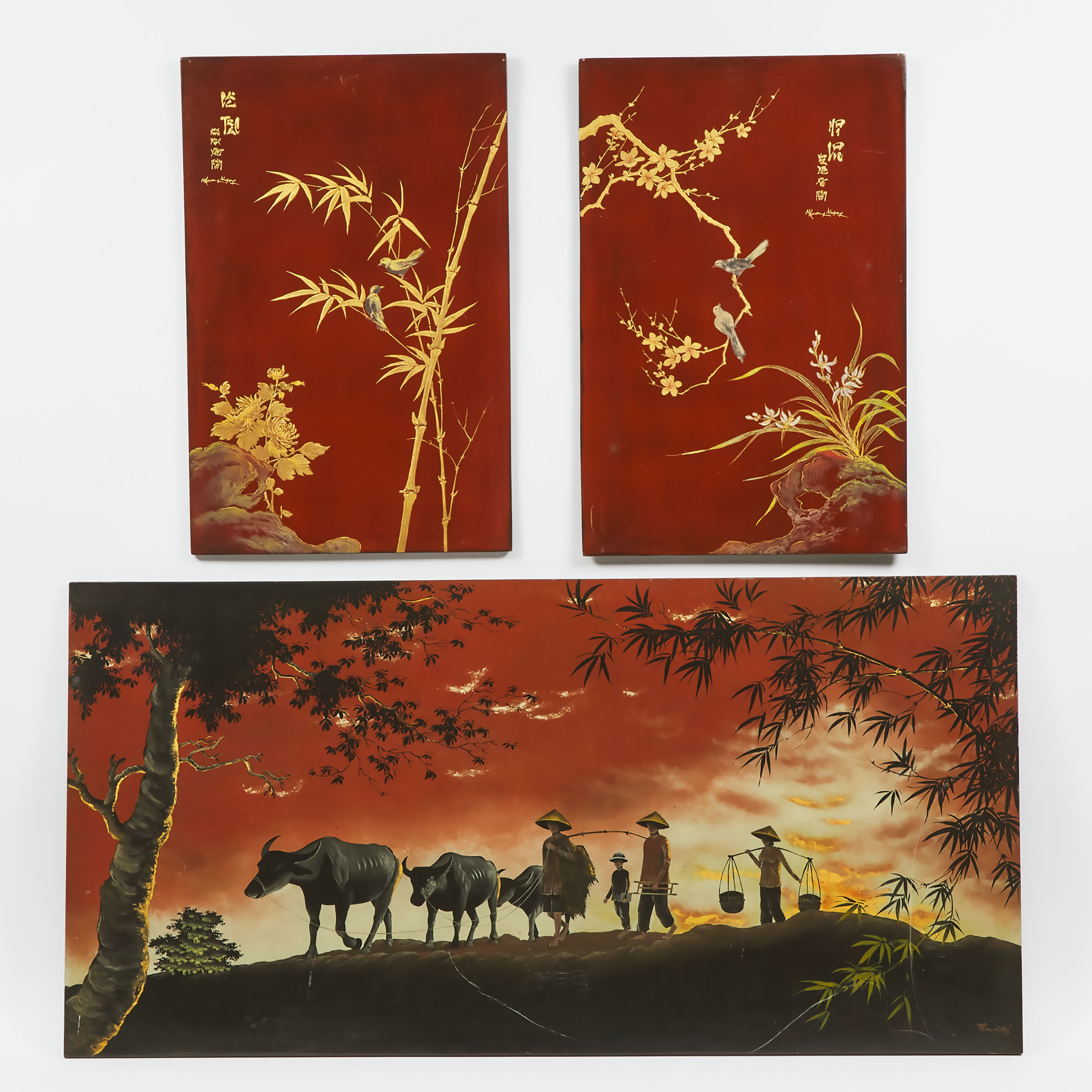 Three Vietnamese Painted Panels  3abbb5