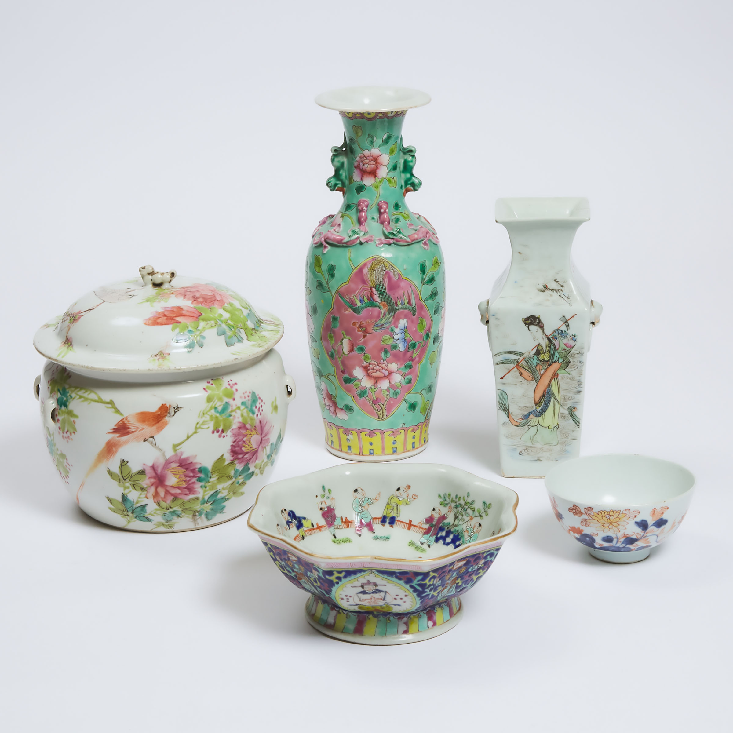 A Group of Five Enameled Porcelain Wares,