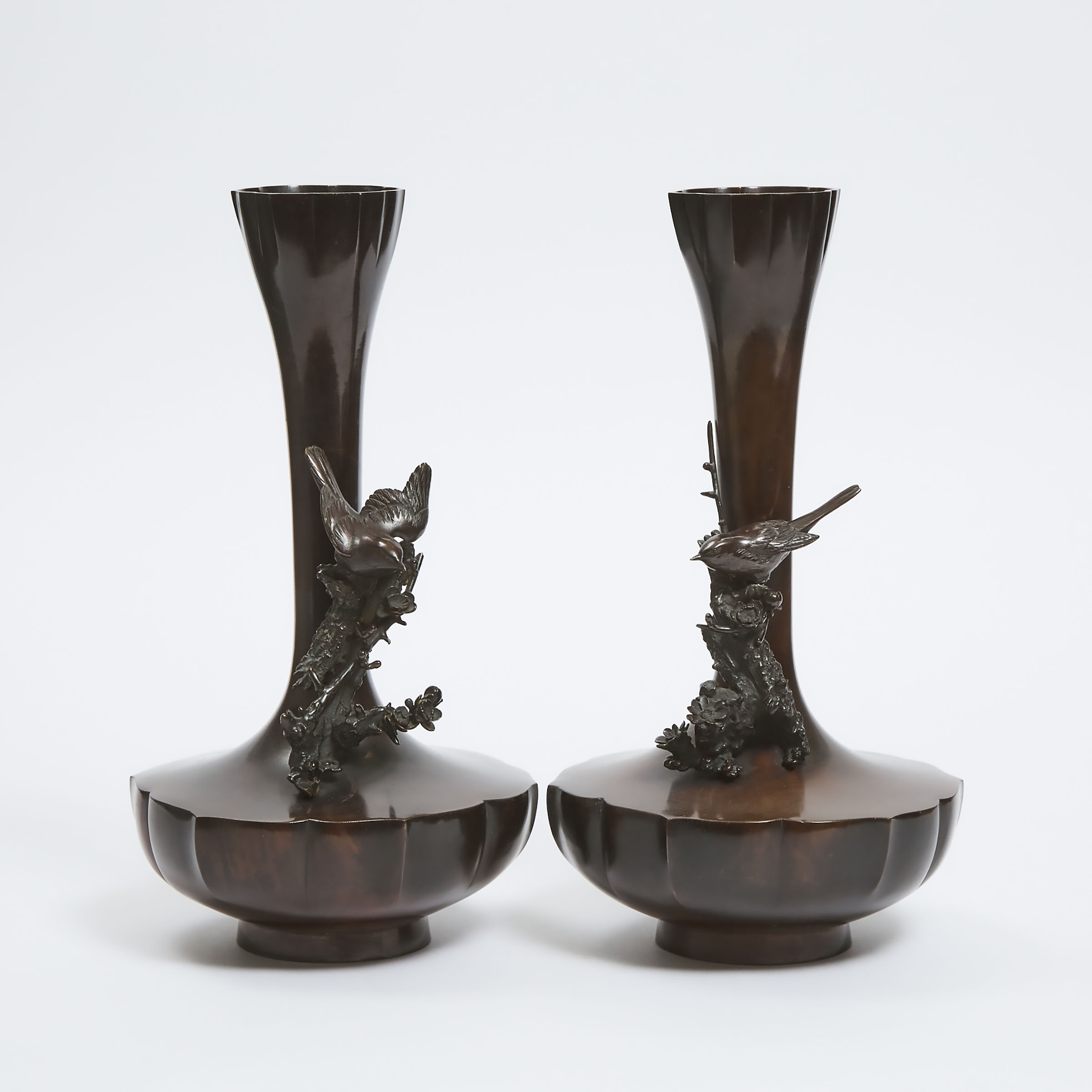 A Pair of Bronze Bird and Cherry Blossom