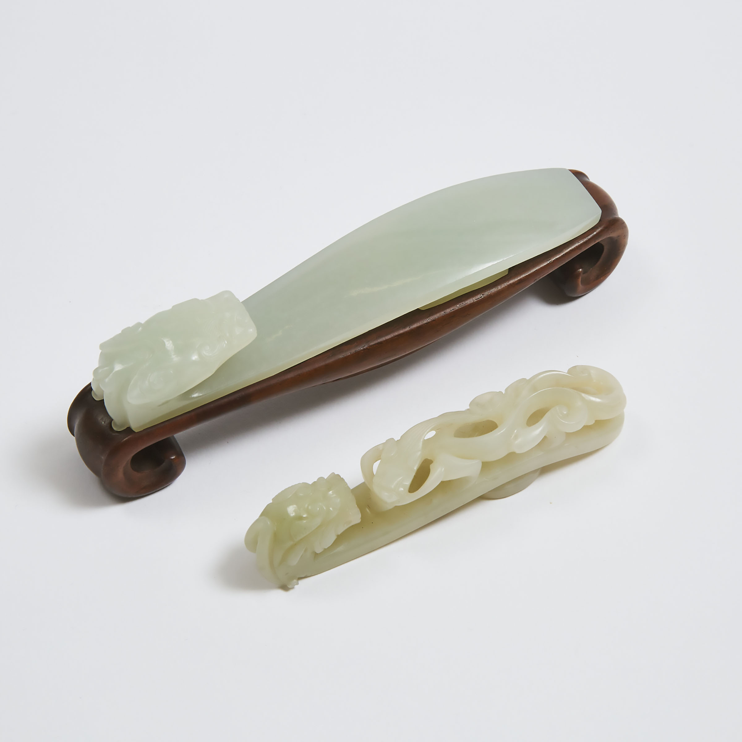 Two White Jade Belt Hooks, Qing