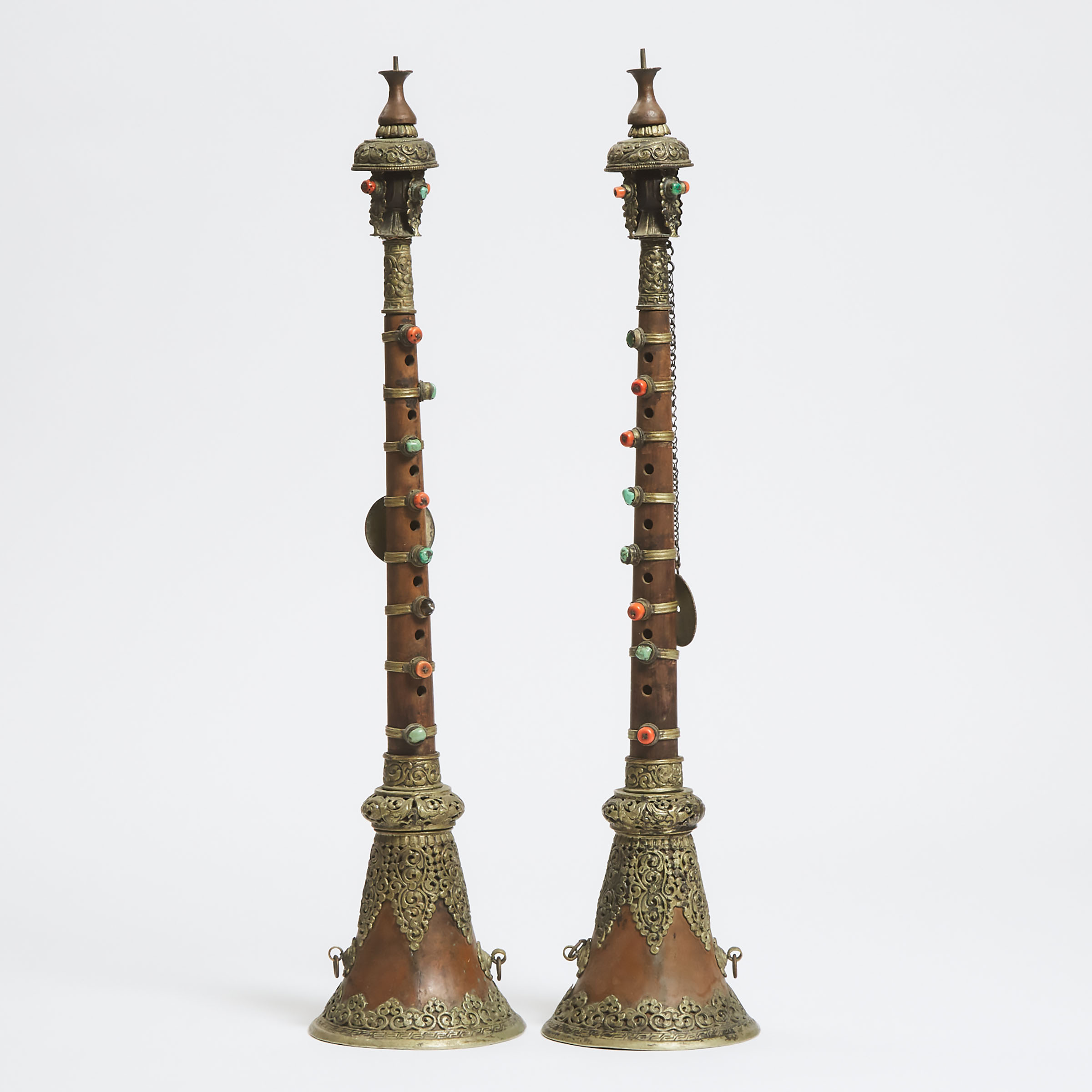 A Pair of Tibetan Wood and Metal Trumpet