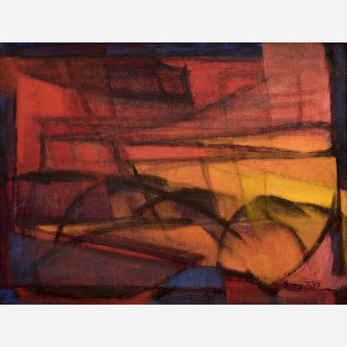 CLEVE GRAY RED SUNSET 1955 OIL 3a9888