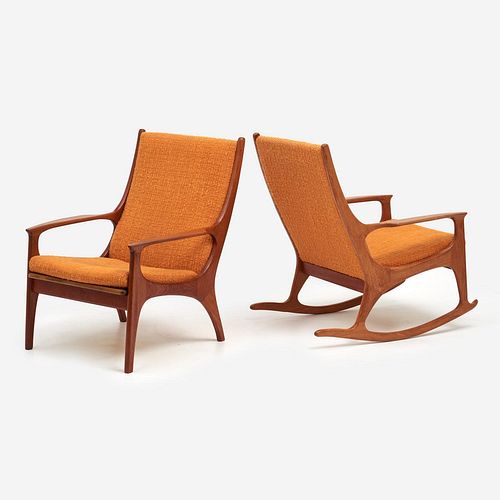 MODERN TEAK ROCKER AND ARM CHAIR