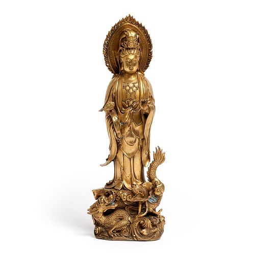 GILT BRONZE STANDING GUANYIN WITH