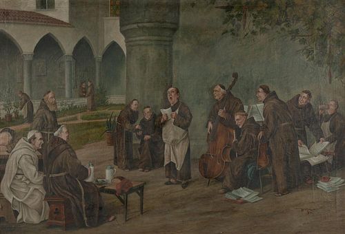 LARGE 1901 OIL PAINTING OF MONKS,