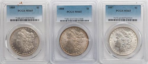 3 PCGS GRADED MORGANS 1887 1888  3aa102