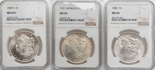 3 NGC GRADED MORGANS 1880 S MS65  3aa103