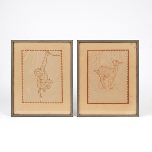 HELEN COOLIDGE PAIR OF ANIMAL DRAWINGS,